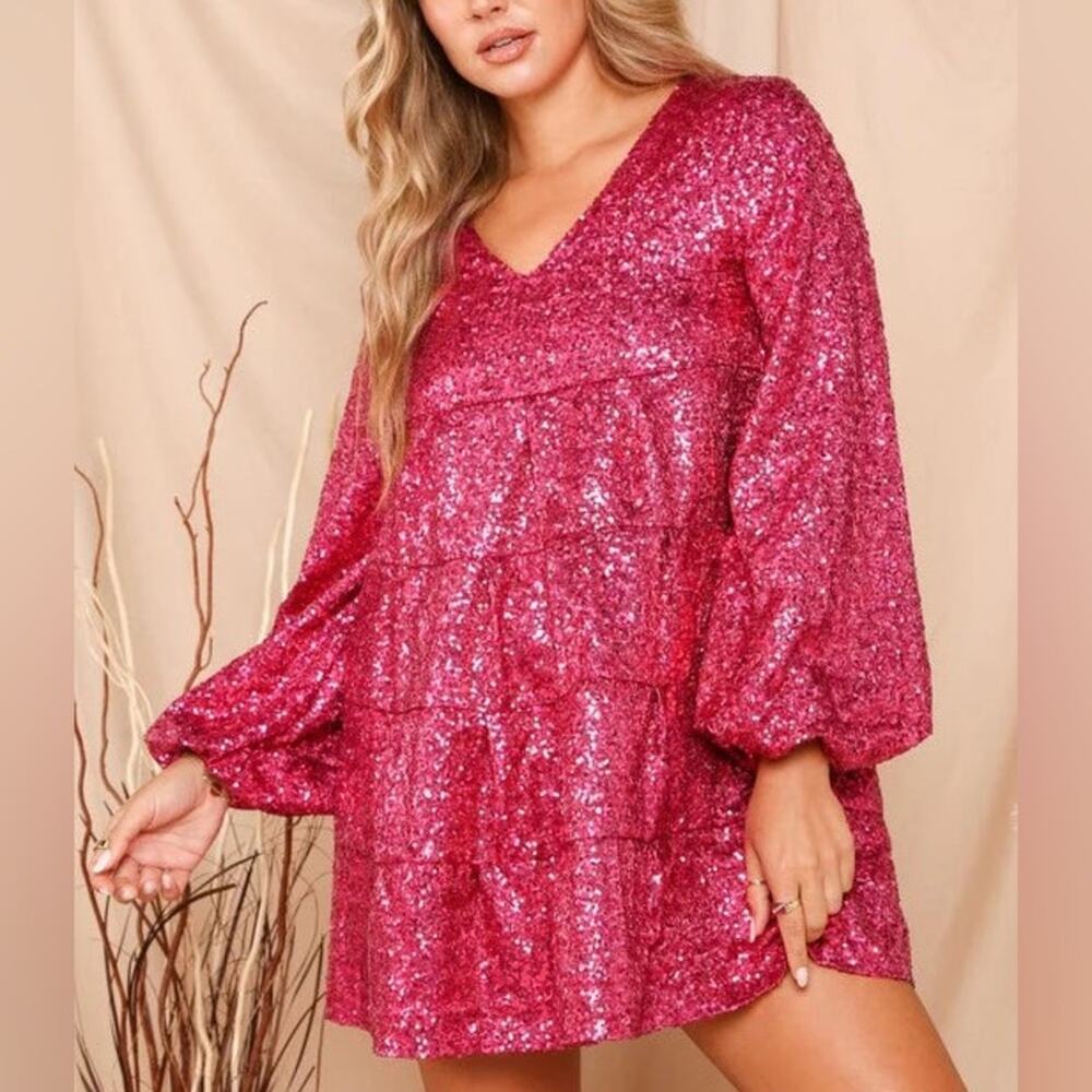 How Very Loved Mini Dress Womens S Fuschia Pink Sequin Long Sleeve Birthday